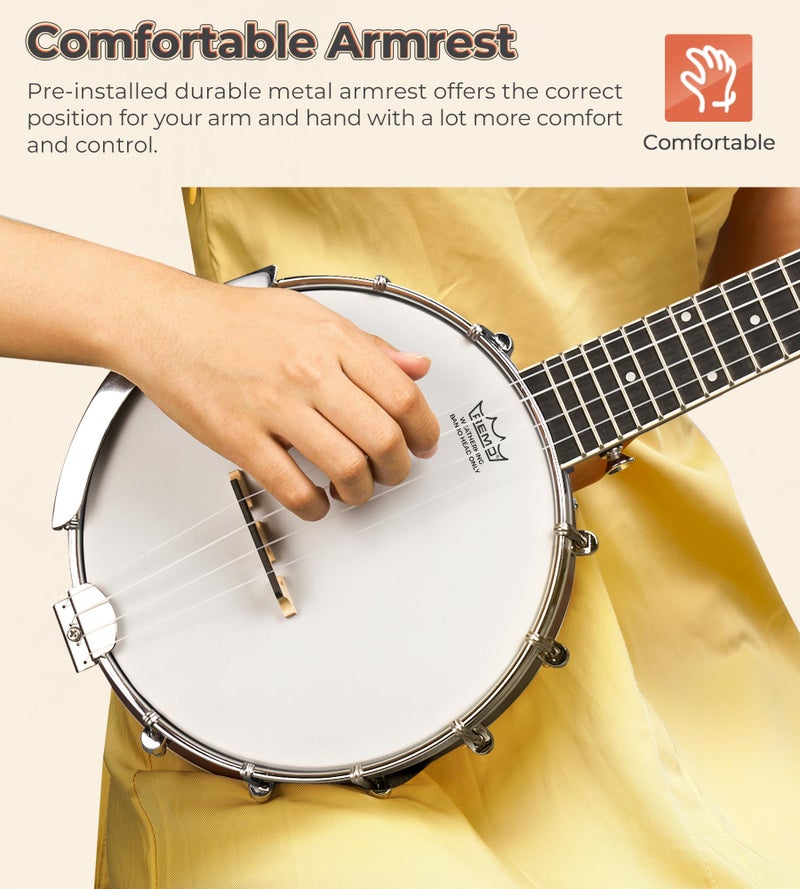 Vangoa Banjolele 23 Inch with Premium REMO Head, Travel Mini Banjo Uke 4 String Banjo Ukulele Beginner Kit with Armrest, Concert Mohagony for Teens Beginners - Image 4